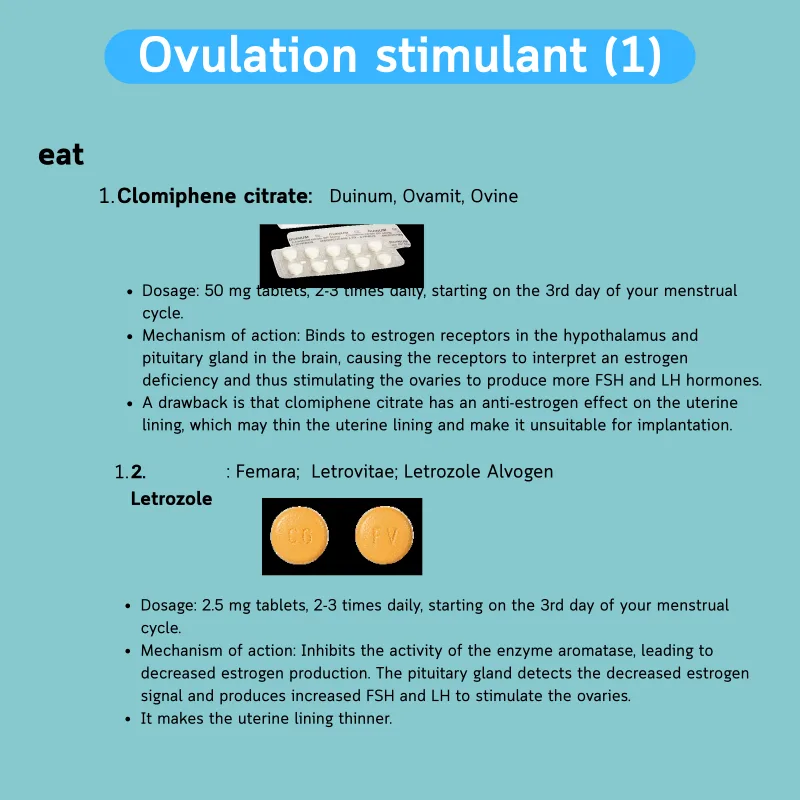 Oral ovarian stimulants — Clomiphene citrate (Duinum, Ovamit, Ovinum) and Letrozole (Femara, Letrovitae, Letrozole Alvogen)