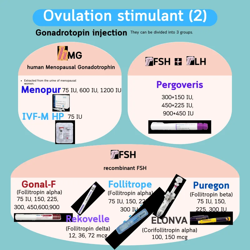 Injectable gonadotropins — three families: hMG, FSH+LH combos, and recombinant FSH